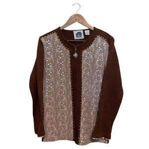 Brown Cardigan Lace Front Panels Rhinestone Zipper Pull Grannycore‎